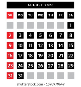 August 2020 calendar vector template