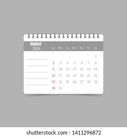 August 2020 calendar. Week starts sunday.