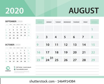 August 2020, Desk Calendar 2020 vector Design, green concept for business; Week Start On Sunday, Planner, Stationery, Printing, Size : 8 x 6 inch