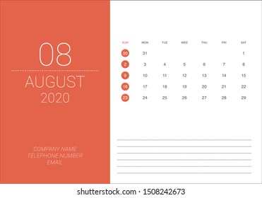 August 2020 desk calendar vector illustration, simple and clean design. 

