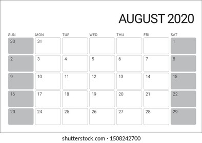 August 2020 desk calendar vector illustration, simple and clean design. 
