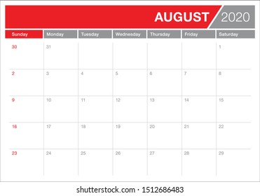 August 2020 desk calendar vector illustration, simple and clean design. 
