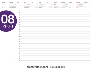 August 2020 desk calendar vector illustration, simple and clean design. 
