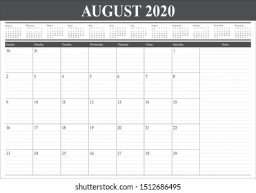 August 2020 desk calendar vector illustration, simple and clean design. 
