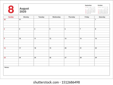 August 2020 desk calendar vector illustration, simple and clean design. 

