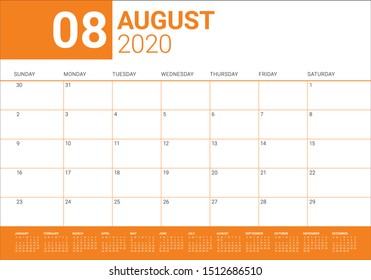 August 2020 desk calendar vector illustration, simple and clean design. 
