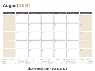 August 2020 desk calendar vector illustration, simple and clean design. 
