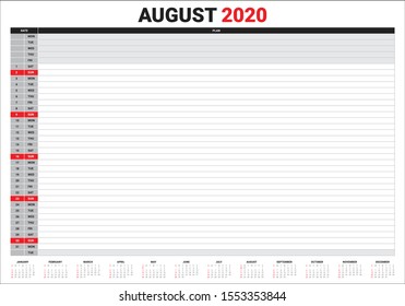 August 2020 desk calendar vector illustration, simple and clean design. 
