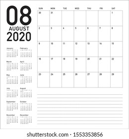 August 2020 desk calendar vector illustration, simple and clean design. 
