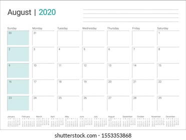 August 2020 desk calendar vector illustration, simple and clean design. 
