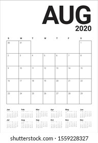 August 2020 desk calendar vector illustration, simple and clean design. 
