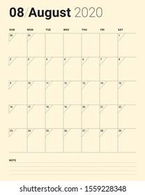 August 2020 desk calendar vector illustration, simple and clean design. 
