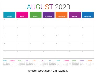 August 2020 desk calendar vector illustration, simple and clean design. 
