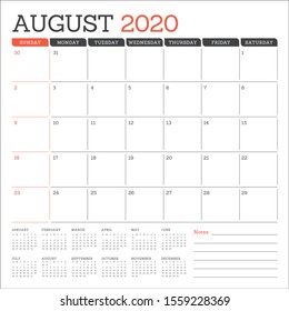 August 2020 desk calendar vector illustration, simple and clean design. 

