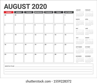 August 2020 desk calendar vector illustration, simple and clean design. 
