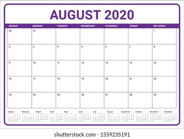 August 2020 desk calendar vector illustration, simple and clean design. 
