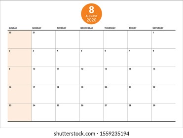 August 2020 desk calendar vector illustration, simple and clean design. 

