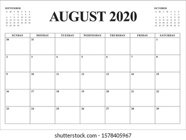 August 2020 desk calendar vector illustration, simple and clean design. 

