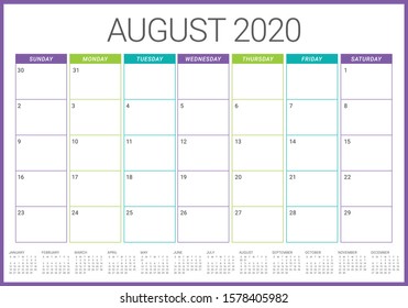 August 2020 desk calendar vector illustration, simple and clean design. 
