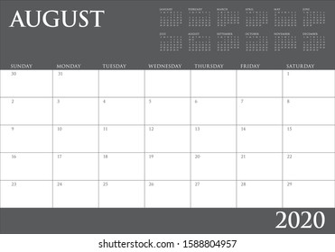 August 2020 desk calendar vector illustration, simple and clean design. 
