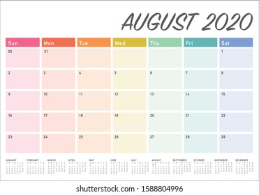 August 2020 desk calendar vector illustration, simple and clean design. 
