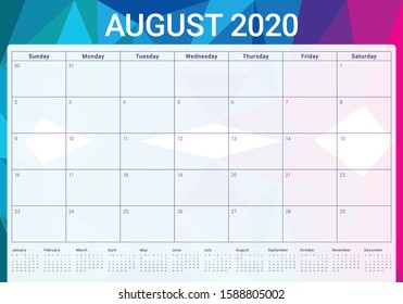 August 2020 desk calendar vector illustration, simple and clean design. 
