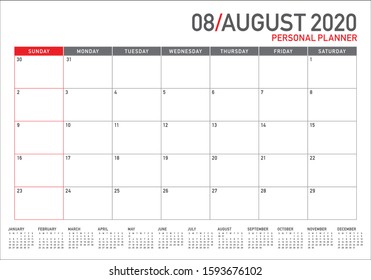 August 2020 desk calendar vector illustration, simple and clean design. 
