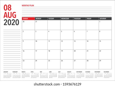 August 2020 desk calendar vector illustration, simple and clean design. 
