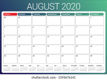 August 2020 desk calendar vector illustration, simple and clean design. 
