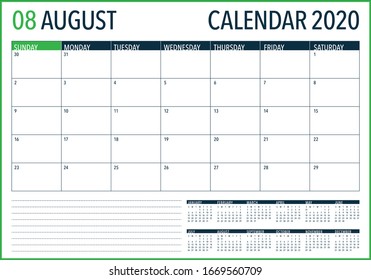 August 2020 desk calendar vector illustration, simple and clean design. 