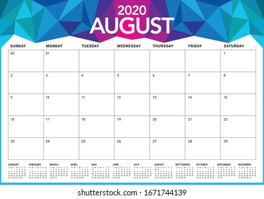 August 2020 Schreibtisch Kalender Vektorillustration Illustration, einfach und sauber Design. 
