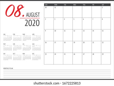 August 2020 desk calendar vector illustration, simple and clean design. 
