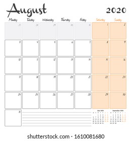 August 2020. Monthly calendar planner printable template. Vector illustration. Week starts on Monday