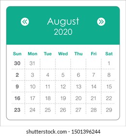 August 2020 monthly calendar vector illustration, simple and clean design. 