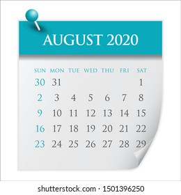 August 2020 monthly calendar vector illustration, simple and clean design. 
