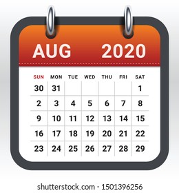 August 2020 monthly calendar vector illustration, simple and clean design. 