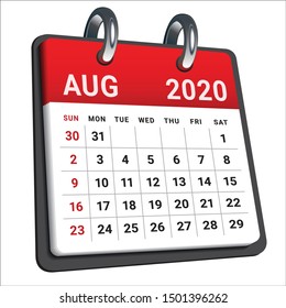 August 2020 monthly calendar vector illustration, simple and clean design. 