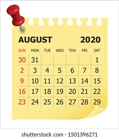 August 2020 monthly calendar vector illustration, simple and clean design. 
