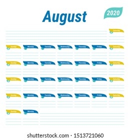 August 2020 planner. English calendar. Schedule design, journal, day book, diary or to-do list. Green color vector template. Week starts on Sunday. Business planning. New year calender