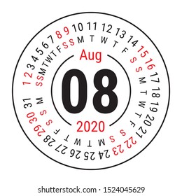 August 2020. Vector English сalendar. Round calender. Week starts on Sunday. Design template. Circle. Eighth month