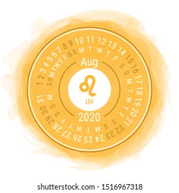 August 2020. Vector English сalendar. Zodiac sign. Leo. Astrological symbol. Zodiacal color vector horoscope. Watercolor kid's sketch doodle style. Hand drawn frame. Round calender. Smoky circle