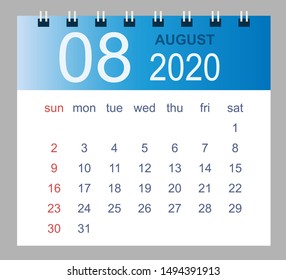 August 2020. Vector monthly calendar template 2020 year in simple style for template design. Week starts from Sunday.