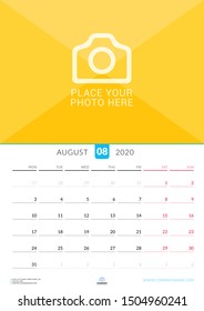 August 2020. Wall calendar planner with place for photo. Vector design print template. Week starts on Monday