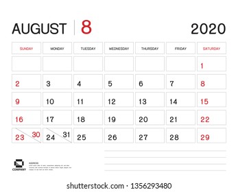 AUGUST 2020 Year Template, Calendar 2020 Vector, Desk Calendar Design, Week Start On Sunday, Planner, Stationery, Printing, Size : 8 x 6 inch