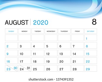 AUGUST 2020 Year Template, Calendar 2020 Vector, Desk Calendar Design, Week Start On Sunday, Planner, Stationery, Printing, Size : 8 x 6 inch