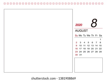 August 2020 Year Template, Calendar 2020 Vector, Desk Calendar Design, Week Start On Sunday, Planner, Stationery, Printing. Vector illustration design. siza: A4 for everyone and printing house.