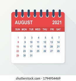 August 2021 Calendar Leaf. Calendar 2021 in flat style. Vector illustration.