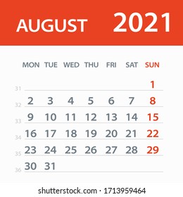 August 2021 Calendar Leaf - Illustration. Vector graphic page