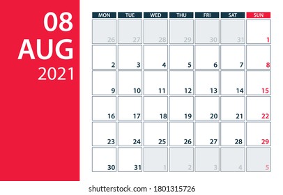 August 2021 Calendar Planner - vector illustration. Template. Mock up.