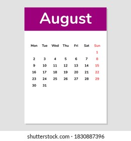 Kalenderblatt August 2021. Vektorgrafik. 